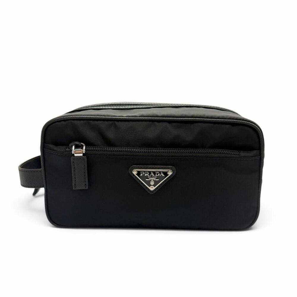 PRADA 2NA819 Nylon Leather Triangle Logo Plate Second Bag Clutch Black Silver...